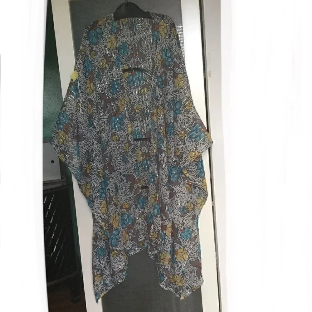 NWT L floral multicolor metallic Gold open kimono chiffon